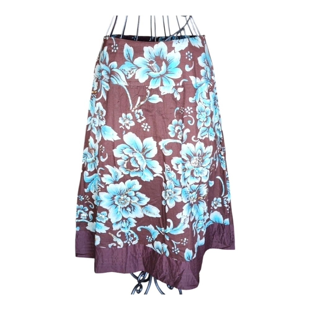 Coldwater Creek Brown Blue Floral A-Line Midi Skirt Size 12 NWT Boho Chic